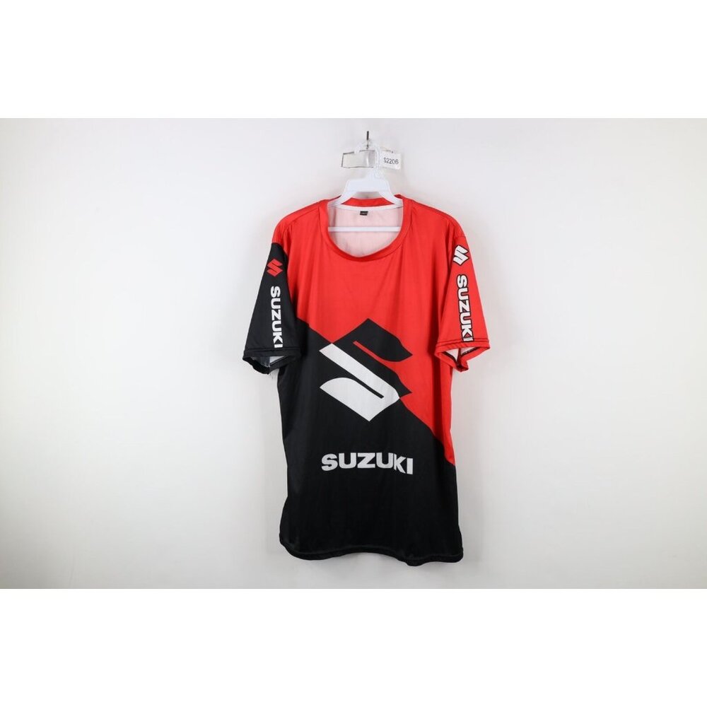 Vintage Suzuki Racing Mens Size Large Spell Out All Over Print Jersey T-Shirt